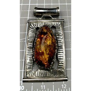David Troutman Navajo Sterling Silver Amber Pendant – Large Handcrafted Silver C